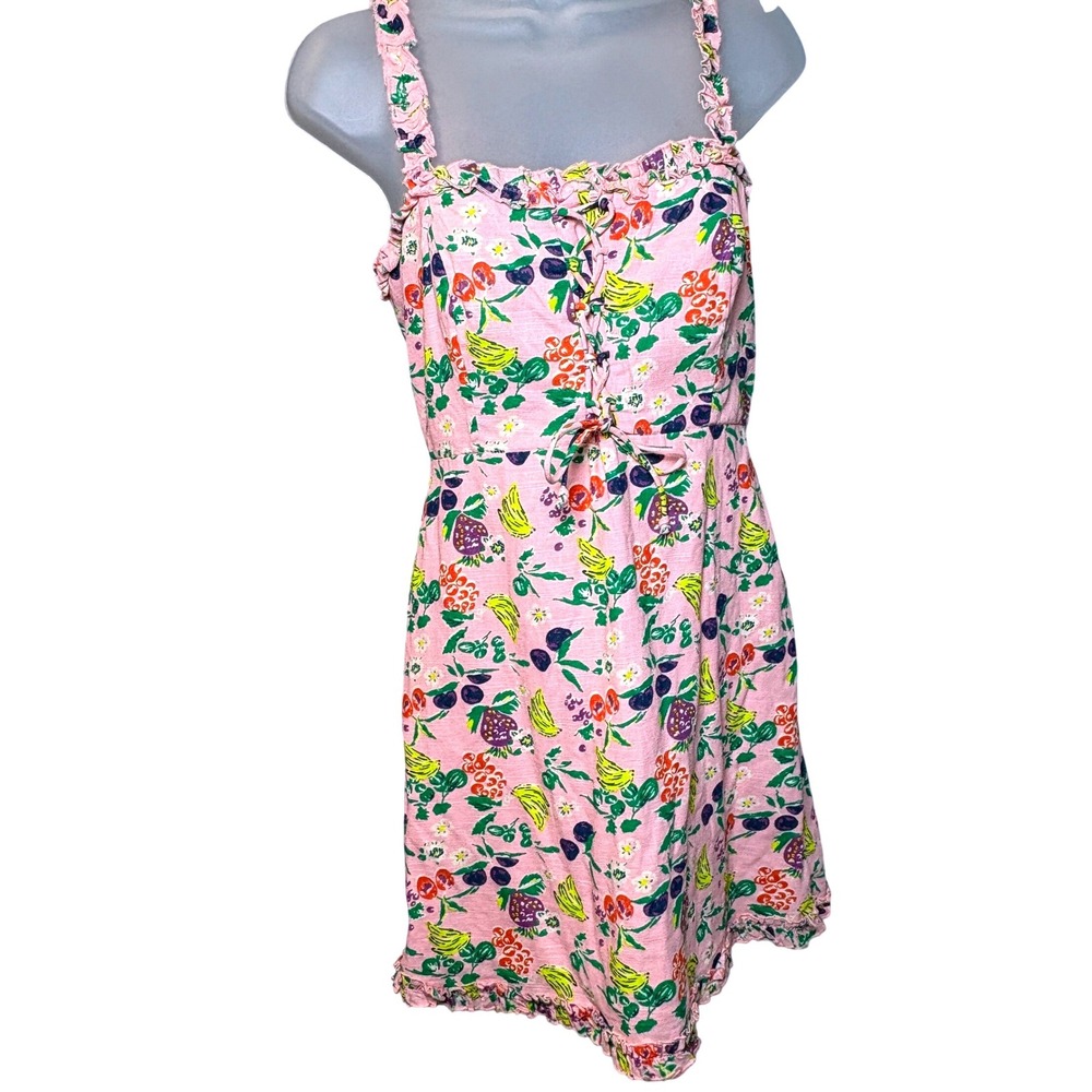 Urban Outfitters Small Mini Dress Pink Fruit Print Ruffle Lace Up Smocked Boho
